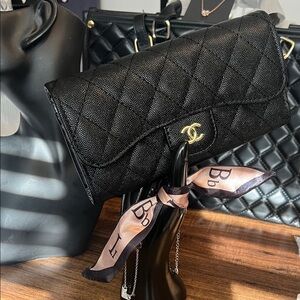 Black Quilted Mini Wallet-on-Chain with Gold C